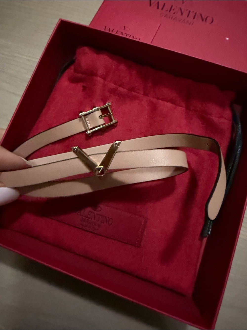 Valentino Beige Leather Belt with Gold V Buckle